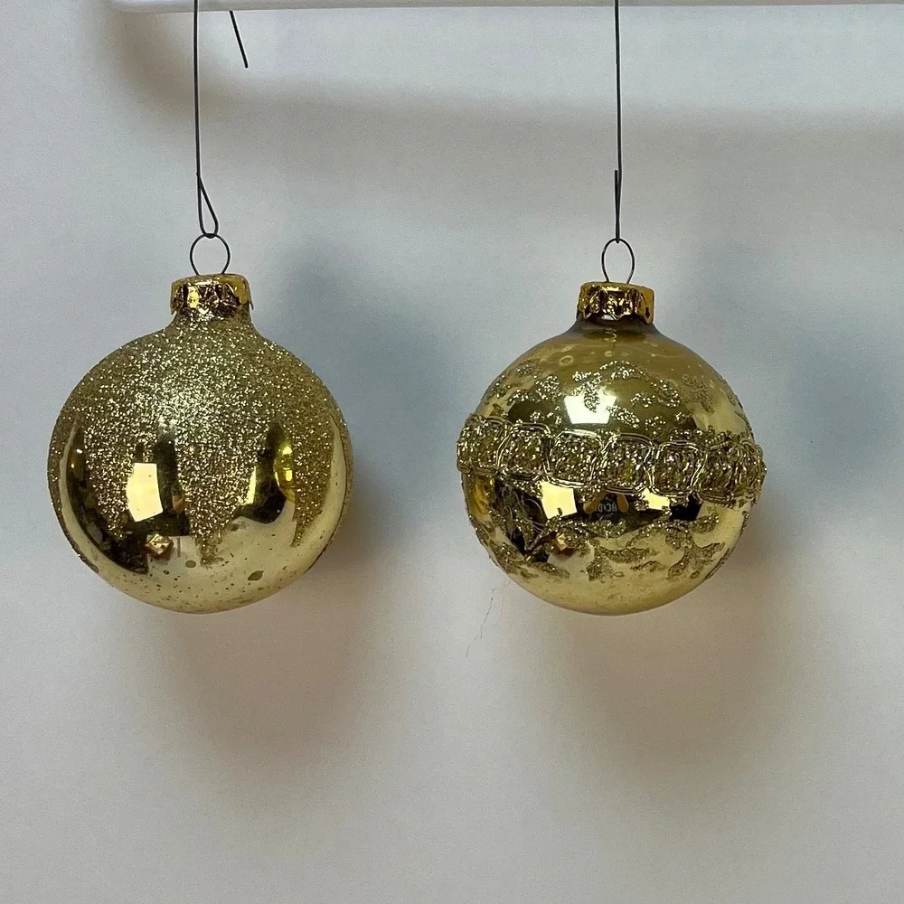 Vtg  Victoria Collection Gold Glitter‎ Glass Christmas Ornaments- 2 Boxes